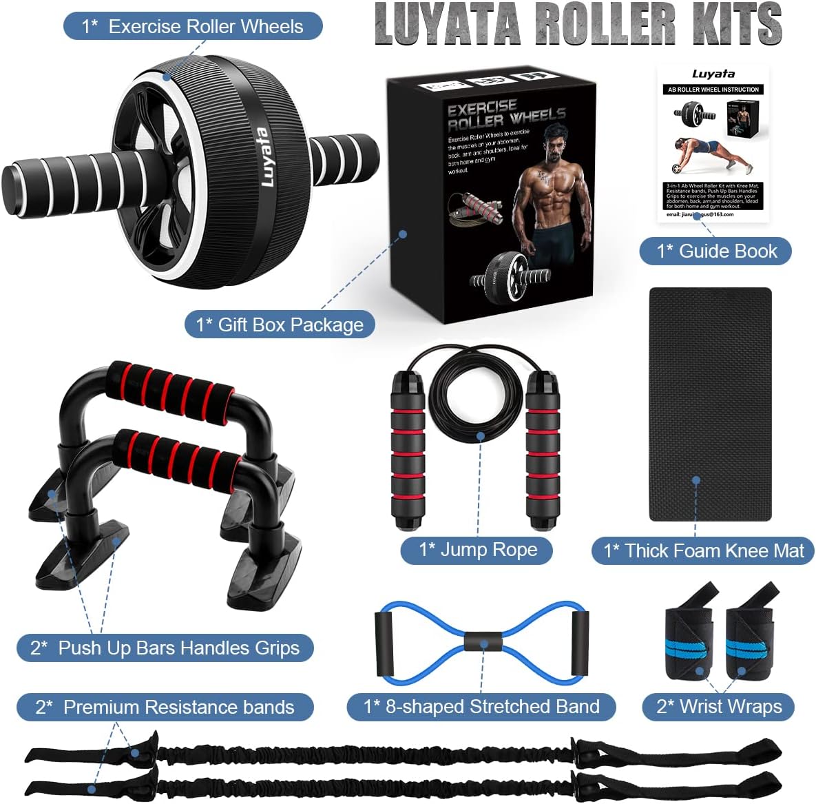 Ab Roller, 10-in-1 Ab Workout Wheel Set with Resistance Bands, Knee Pads, Jump Rope, and Push-up Bar