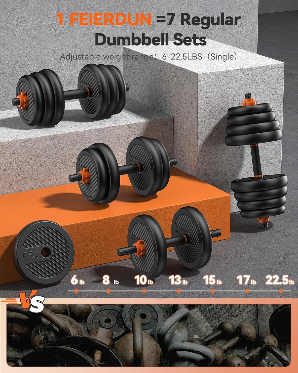 FEIERDUN Adjustable Dumbbells, 20/30/40/45/70/90 lb Free Weight Set with Connector