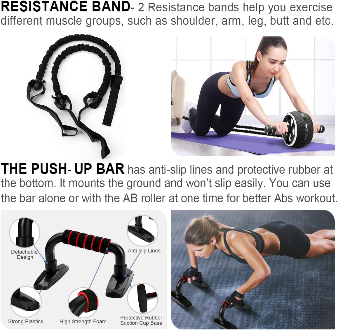 Ab Roller, 10-in-1 Ab Workout Wheel Set with Resistance Bands, Knee Pads, Jump Rope, and Push-up Bar