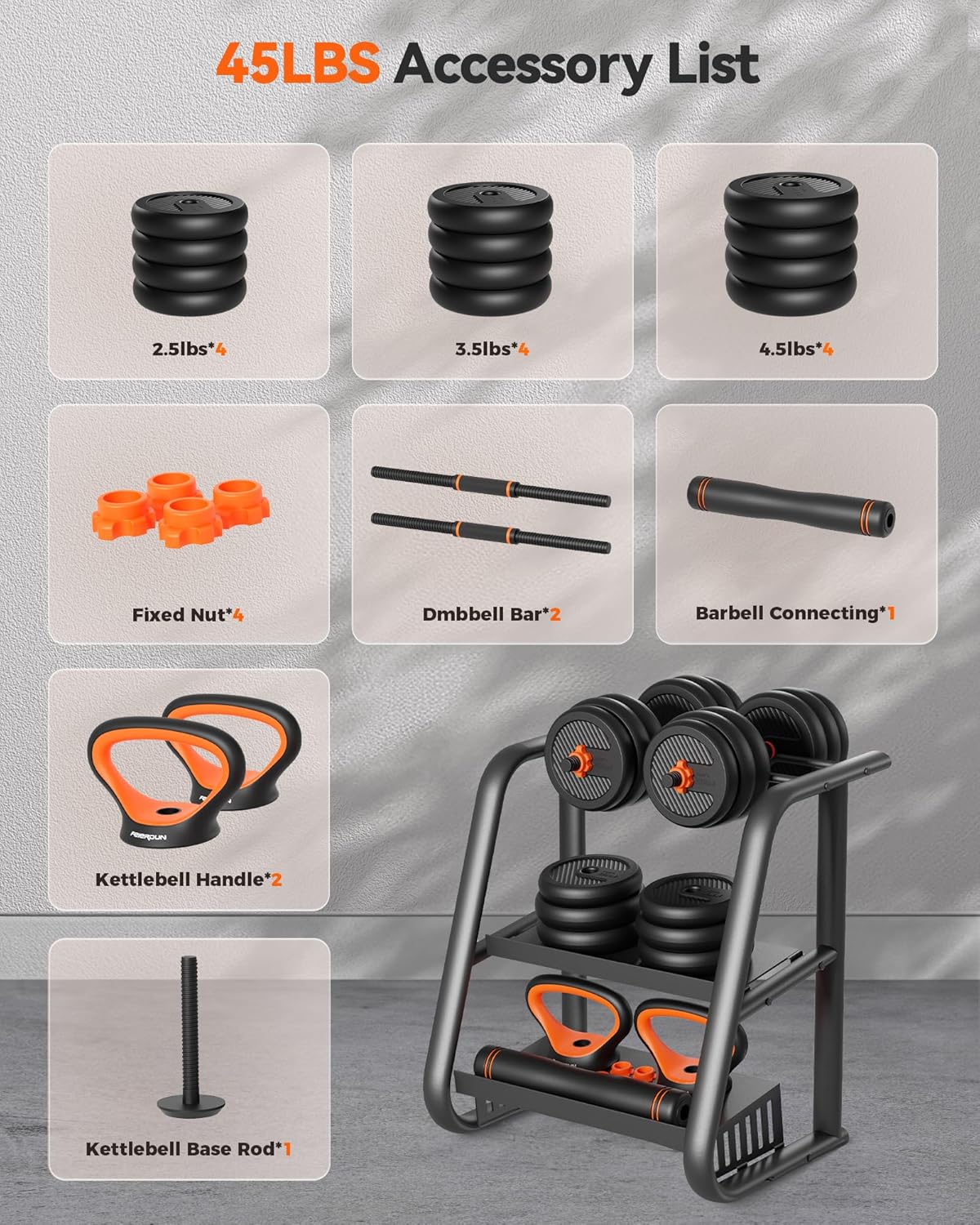FEIERDUN Adjustable Dumbbells, 20/30/40/45/70/90 lb Free Weight Set with Connector